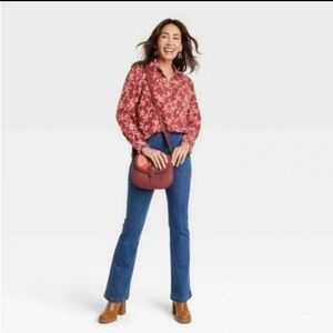Knox Rose Women's Long Sleeve Button Down Blouse Top - Deep Hibiscus